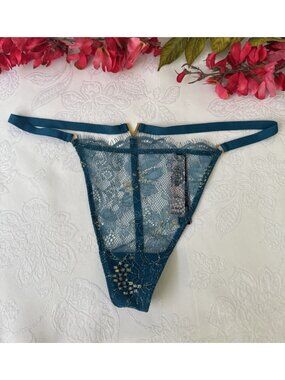 VICTORIA'S SECRET M TEAL BLUE GOLD SEXY STRAPPY CHARM V STRING THONG PANTIES NWT